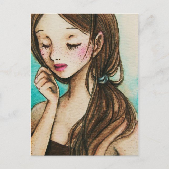 Cartão Postal Spring (cute girl with freckles watercolour art) (Frente)