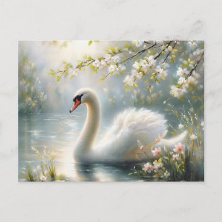 Cartão Postal Spring Swan Swimming On Lake Blossoms
