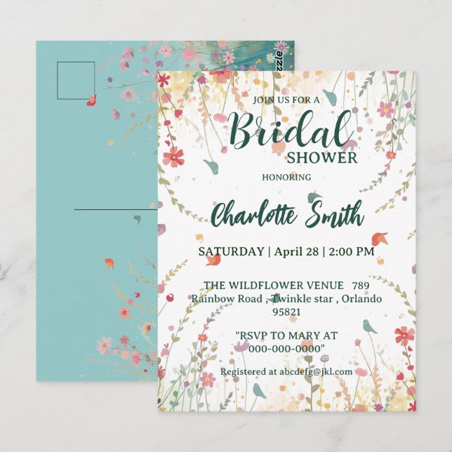 Cartão Postal Spring Watercolor Birds Floral Wildflower Name (Frente/Verso)