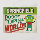 Cartão Postal Springfield Missouri Robot - Funny Vintage<br><div class="desc">Um cartão postal engraçado de viagens vintage Springfield Missouri apresentando um robô amigável com um texto retrô divertido que diz,  "Springfield,  Robot Capital do Mundo!"</div>