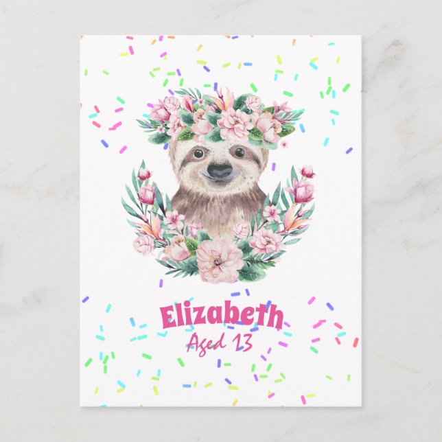 Cartão Postal Sprinkles SLOTH Boho Girls Pink Flowers Gifts Boni (Frente)