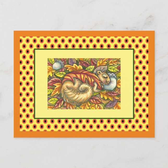 CARTÃO POSTAL SQUIRREL DORMINDO SOB FOLHAS DO OUTONO, SAZONAL (Frente)