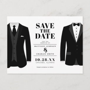 Cartão Postal Sr. & Mr. Modern Black Wedding Tux - Salvar a Data