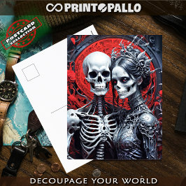 Cartão Postal Sra e Sr Esqueleto em fundo vermelho