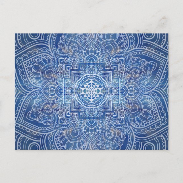 Cartão Postal Sri Yantra  / Sri Chakra Aquarela Azul (Frente)