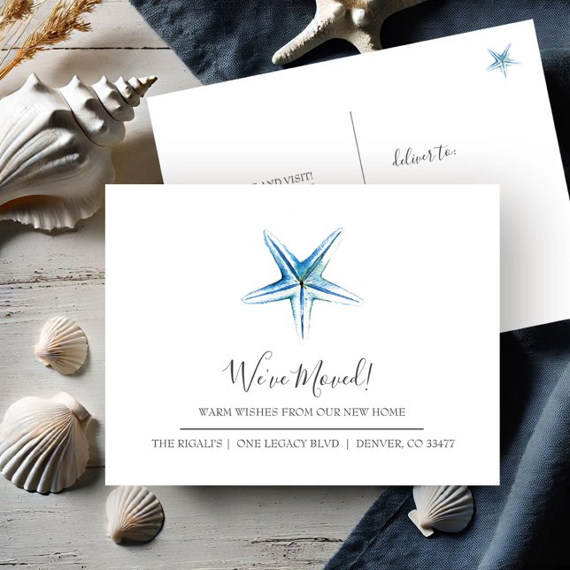 Cartão Postal Starfish Azul Costeiro Novo Anúncio de Movimento R (New address moving announcement postcards watercolor starfish art by Victoria Grigaliunas )