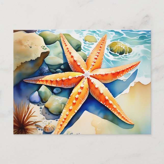 Cartão Postal Starfish Serenity Watercolor (Frente)
