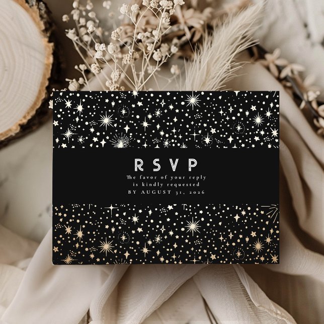 Cartão Postal Starry Night Black e Dourada RSVP de Casamento (RSVP celestial night sky black postcard)