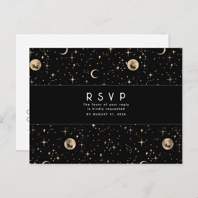 Cartão Postal Starry Night Black e Dourada RSVP de Casamento (Frente/Verso)