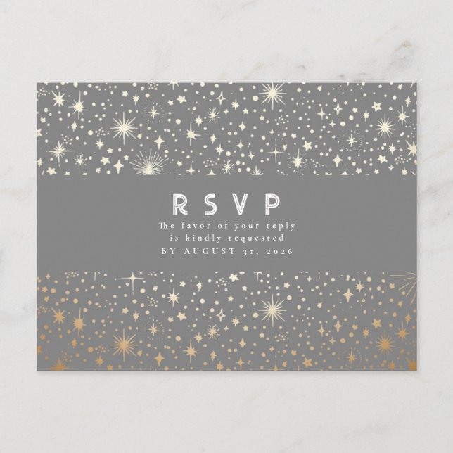 Cartão Postal Starry Night Cinza e RSVP de Casamento Dourado (Frente)