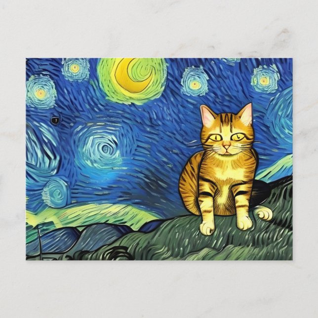 Cartão Postal Starry Night Cute Vincent Van Gogh Cat (Frente)