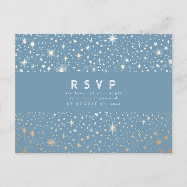 Cartão Postal Starry Night Dusty Blue e RSVP de Casamento Dourad (Frente)