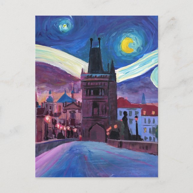 Cartão Postal Starry Night em Praga com Carlsbridge (Frente)