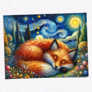 Cartão Postal Starry Night Fox: Um Whimsical and Magical