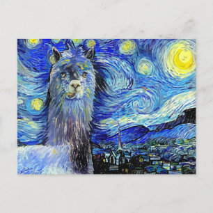 Cartão Postal Starry Night Funny Alpaca Landscape Parody