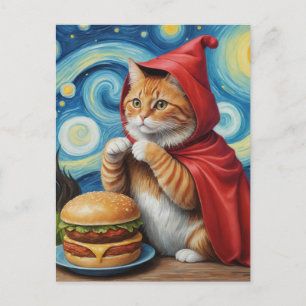 Cartão Postal Starry Night Ginger Cat com Cheeseburger