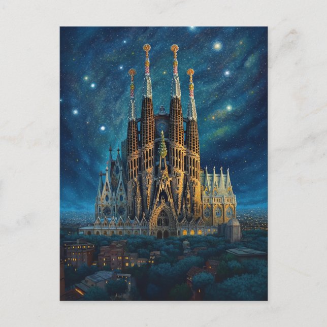 Cartão Postal Starry Night Sobre Sagrada Familia Barcelona (Frente)