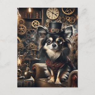 Cartão Postal Steampunk Chihuahua de Cabelo Longo Negro e Branco