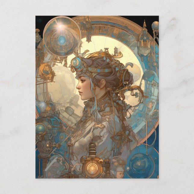 Cartão Postal Steampunk Fantasy Sci-Fi Art Nouveau Lady (Frente)