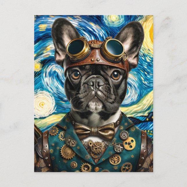 Cartão Postal Steampunk Frenchie na Noite Estrelada (Frente)