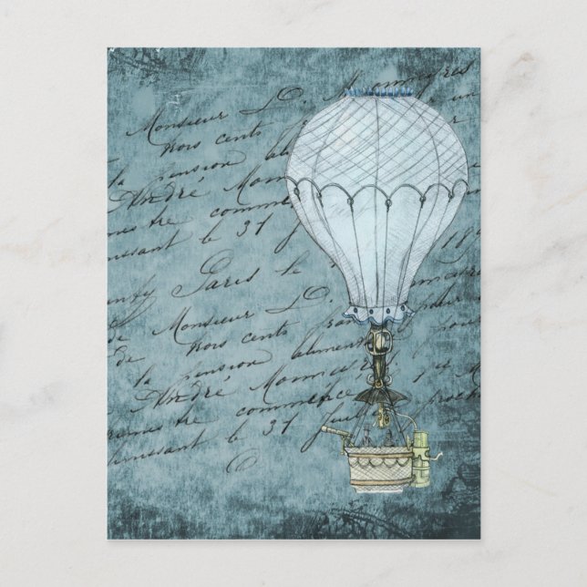 Cartão Postal Steampunk Hot Air Balloon Dusk Blue Manuscrito (Frente)
