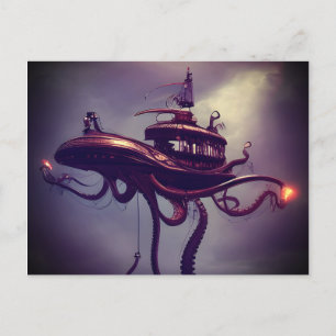 Cartão Postal Steampunk Octopus Ship Fantasy Art