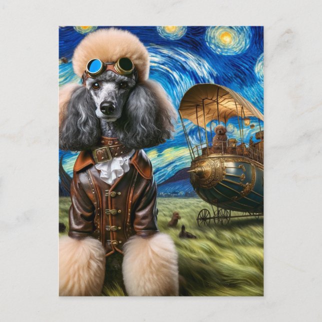 Cartão Postal Steampunk Poodle Van Gogh (Frente)