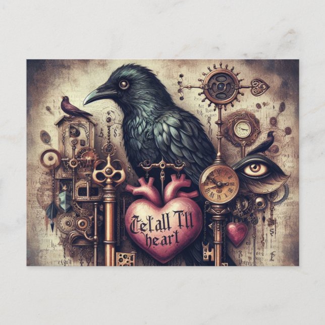 Cartão Postal Steampunk Raven Diga Colagem Cardíaca (Frente)