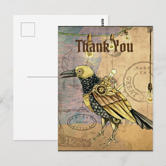Cartão Postal Steampunk Raven Obrigado (Frente/Verso)