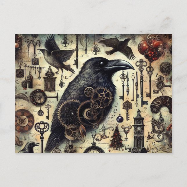Cartão Postal Steampunk Raven Poe Collage (Frente)