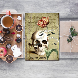 Cartão Postal Steampunk Skull Floral Escrevendo Halloween