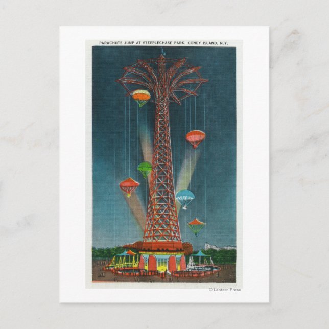Cartão Postal Steeplechase Park Parachute Jump View à Noite (Frente)