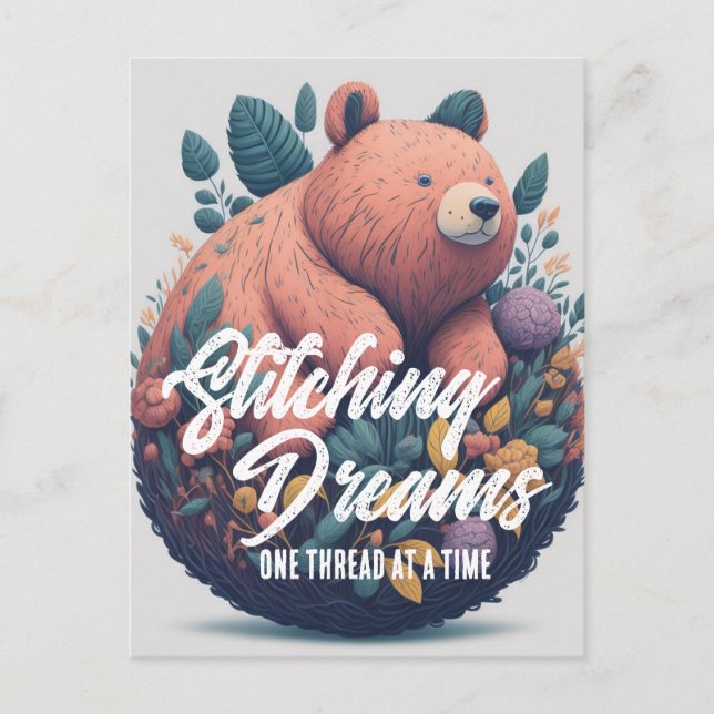 Cartão Postal Stitting Dreams Bear bird flores (Frente)