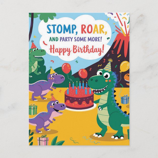 Cartão Postal "Stomp, Roar e Partido Mais - Design Dino Kids (Frente)
