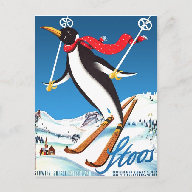 Cartão Postal Stoos, Penguin sobre esqui, montanhas de Suiça (Frente)