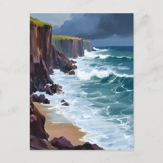 Cartão Postal Stormy Shore | Pintura das ondas do oceano de prai (Frente)