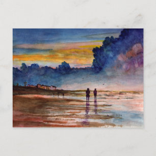 Cartão Postal Stormy Sunset Beach Combing Watercolor Seascape