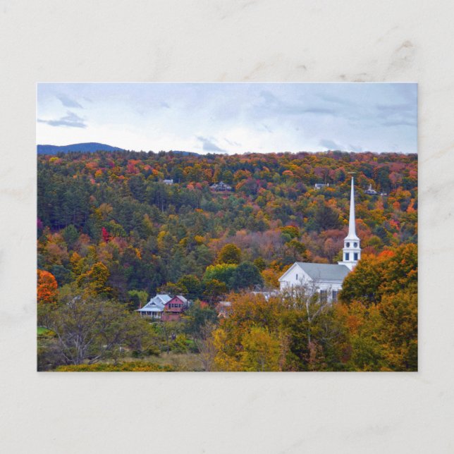 Cartão Postal Stowe, Vermont, Igreja Comunitária, Outono (Frente)