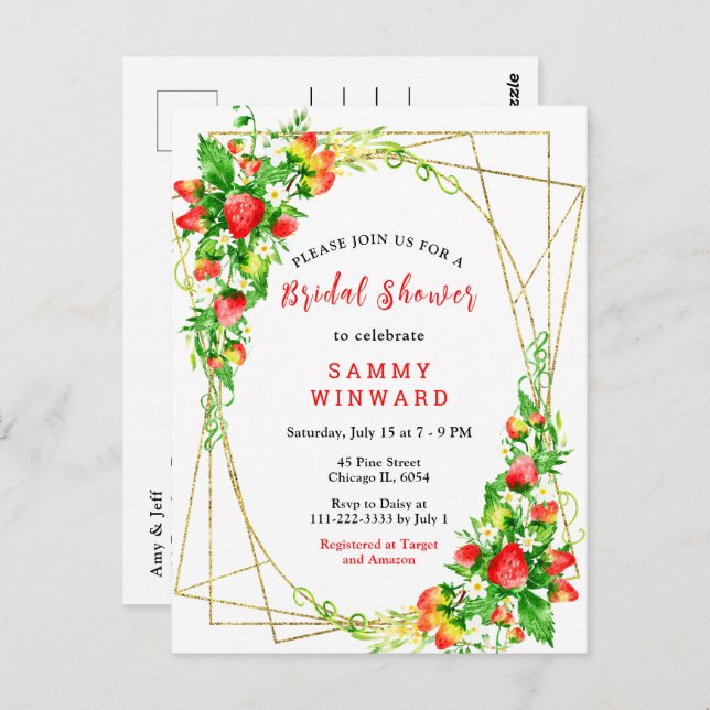Cartão Postal Strawberries and Daisies Bridal Shower (Frente/Verso)