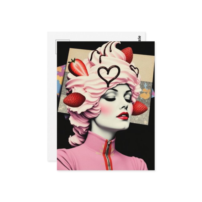 Cartão Postal Strawberry Dessert Woman Collage (Frente/Verso In Situ)