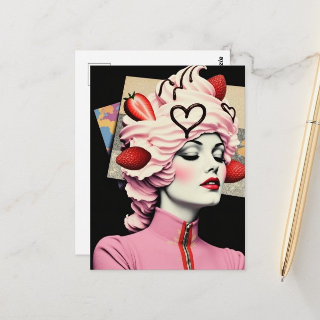 Cartão Postal Strawberry Dessert Woman Mixed Media Collage (Frente/Verso In Situ)