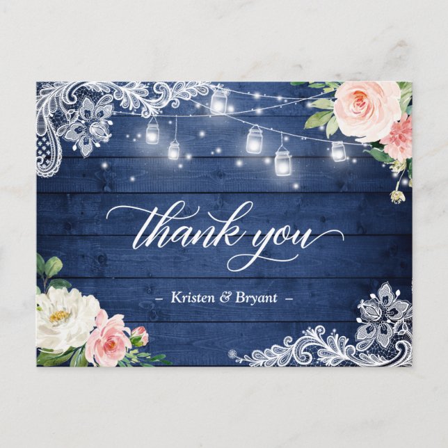Cartão Postal String Lights Floral Rustic Blue Wede Obrigado (Frente)