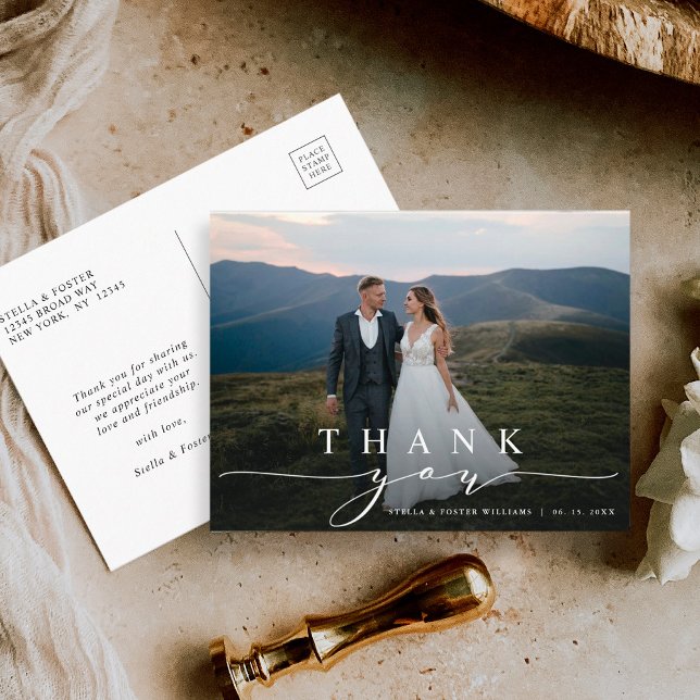 Cartão Postal Stylish Calligraphy Wedding Photo Thank You (Criador carregado)