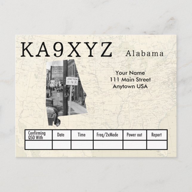 Cartão Postal Sua Foto Alabama Shaped Cutout Custom QSL (Frente)