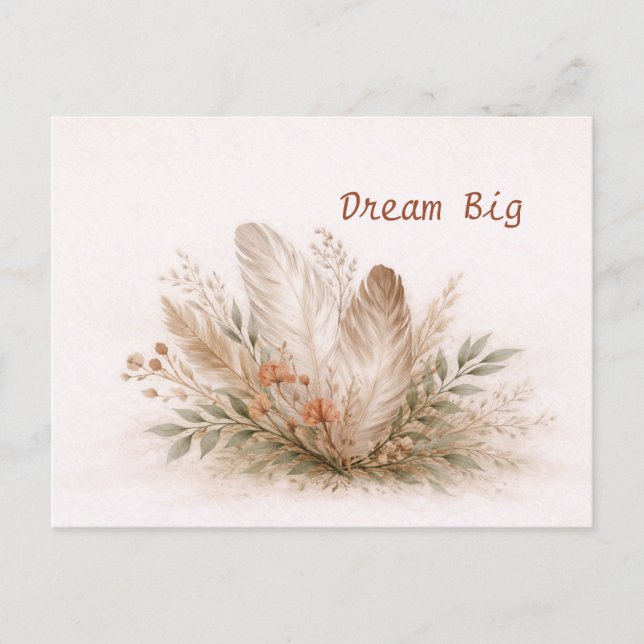Cartão Postal Suave Botânico Boho em Aquarela com Penas  (Frente)