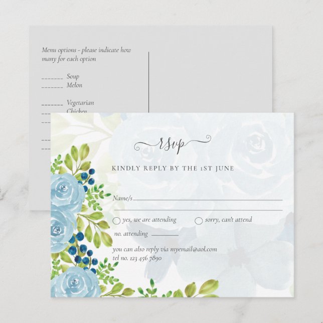 Cartão Postal Sublime AZUL POEIRADO Conjunto de Casamento Floral (Frente/Verso)