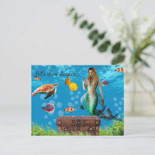 Cartão Postal Submarino Sereia Treasure Hunt Fantasy Blue