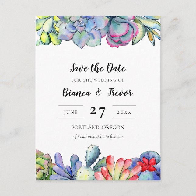 Cartão Postal Succulent cactus watercolor Save the date (Frente)