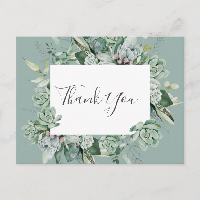 Cartão Postal Succulent Greenery | Sage Green Wedding Obrigado (Frente)