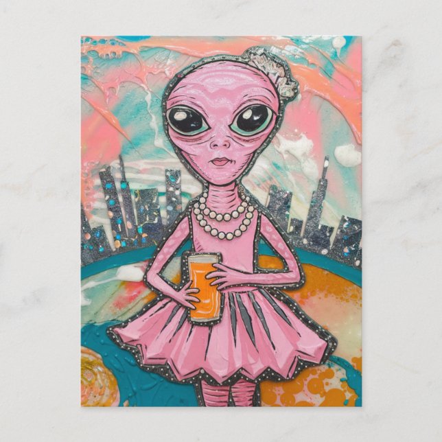 Cartão Postal Suco de Laranja Alien na Cidade (Frente)